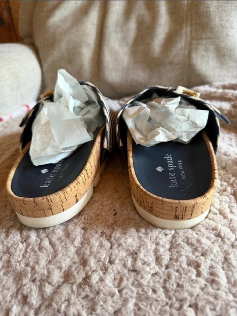 kate spade Navy and White Striped Double Buckle Sandals